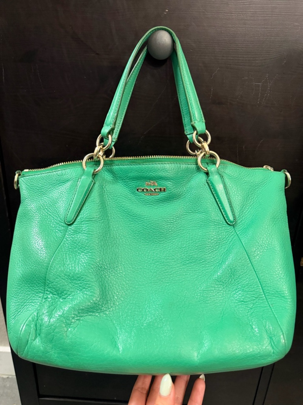 Coach Green Pebbled Leather Shoulder Bag with Gold Hardware